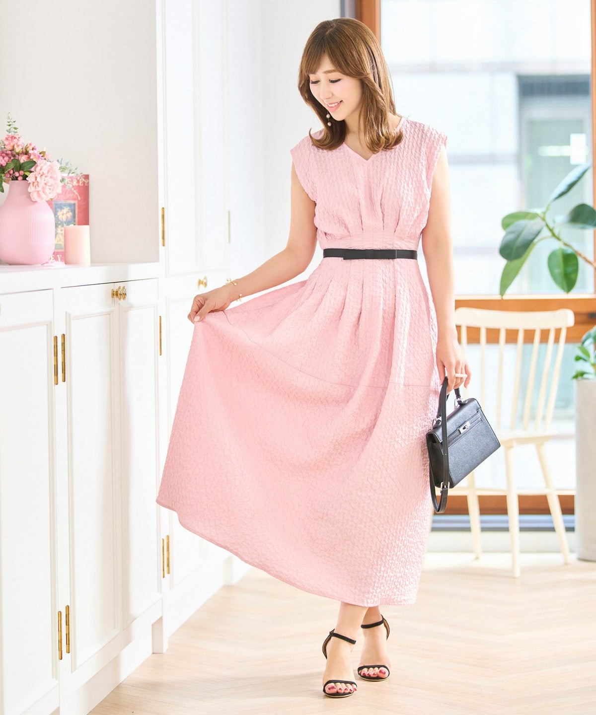 ワンピースレディース春夏秋ピンクロングマキシノースリーブ上品かわいいきれいめオフィスフィット&フレアジョイントスペース