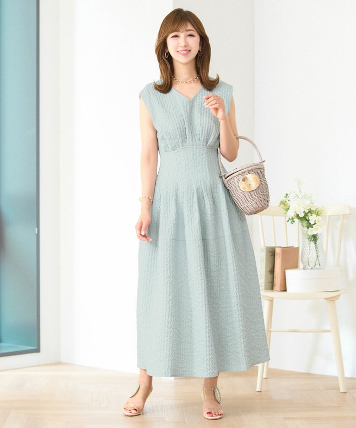 ワンピースレディース春夏秋ピンクロングマキシノースリーブ上品かわいいきれいめオフィスフィット&フレアジョイントスペース