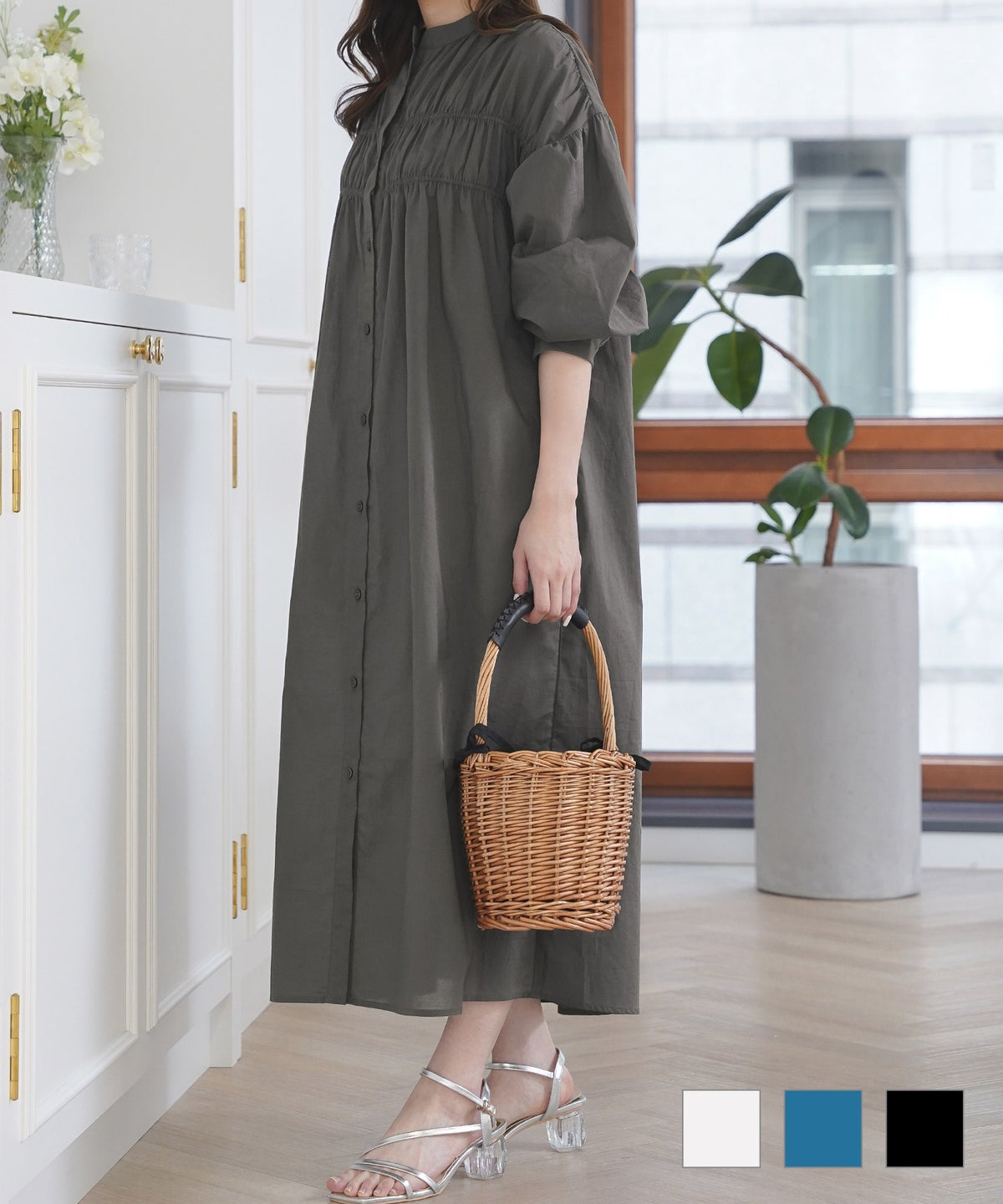 セレクト ワンピース レディース ファッション ロング ギャザー ドレープ 春夏秋 白 青 レディース かわいい ジョイントスペース セレクト コットン ギャザー シャツワンピース Prima Scherrer plus
