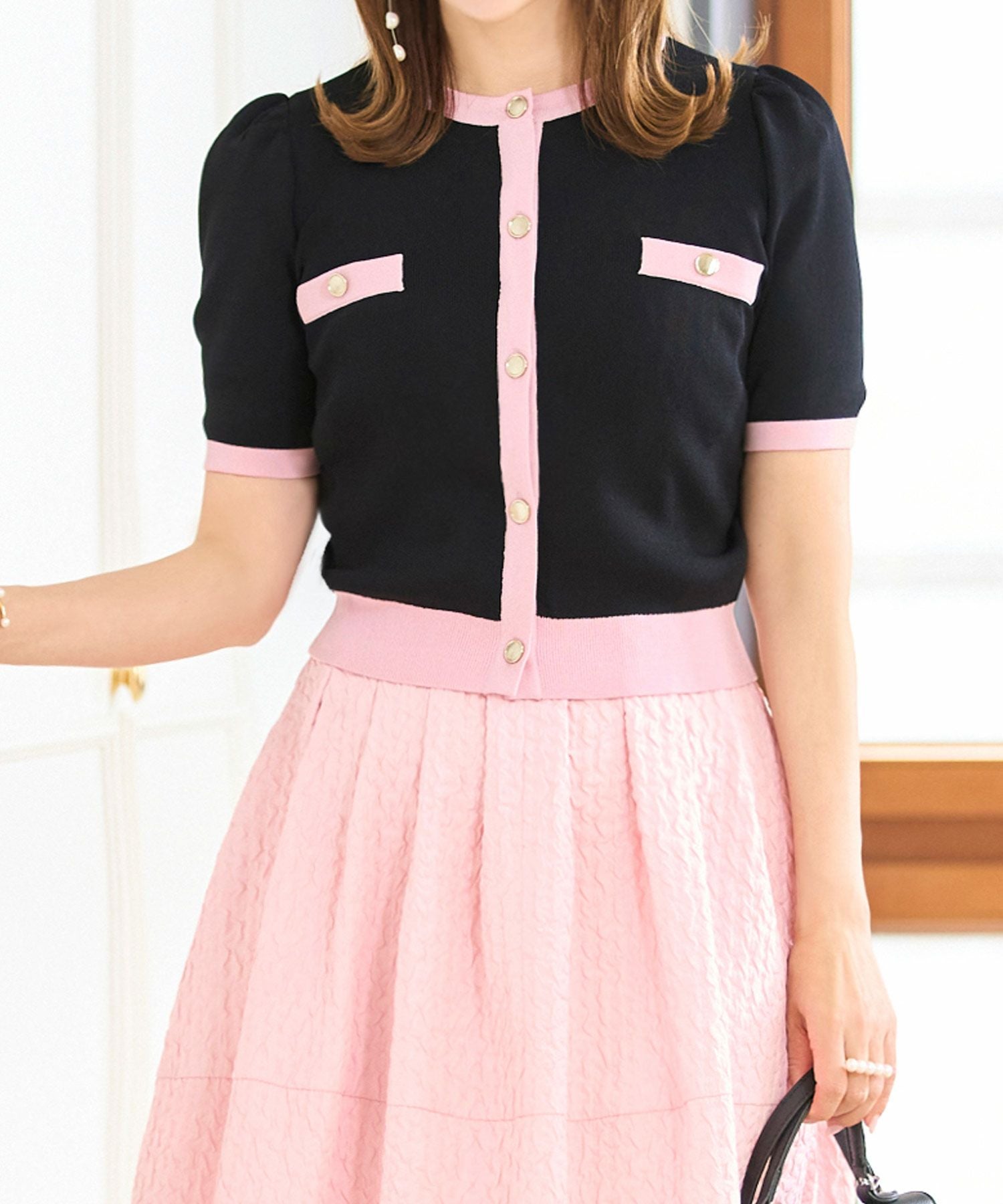 バイカラー サマーニット カーディガン 半袖 Prima Scherrer 全3色