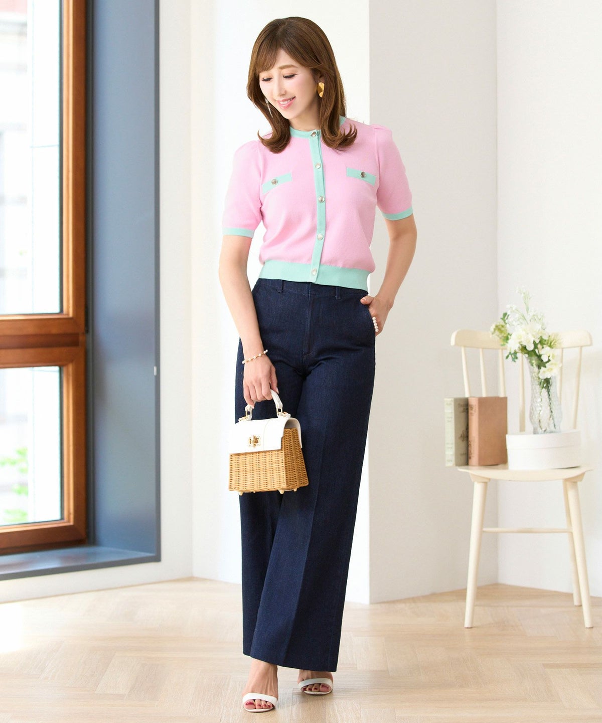 ニットカーディガンレディースピンク白黒春夏かわいい洗濯可大人配色きれいめ上品ジョイントスペース