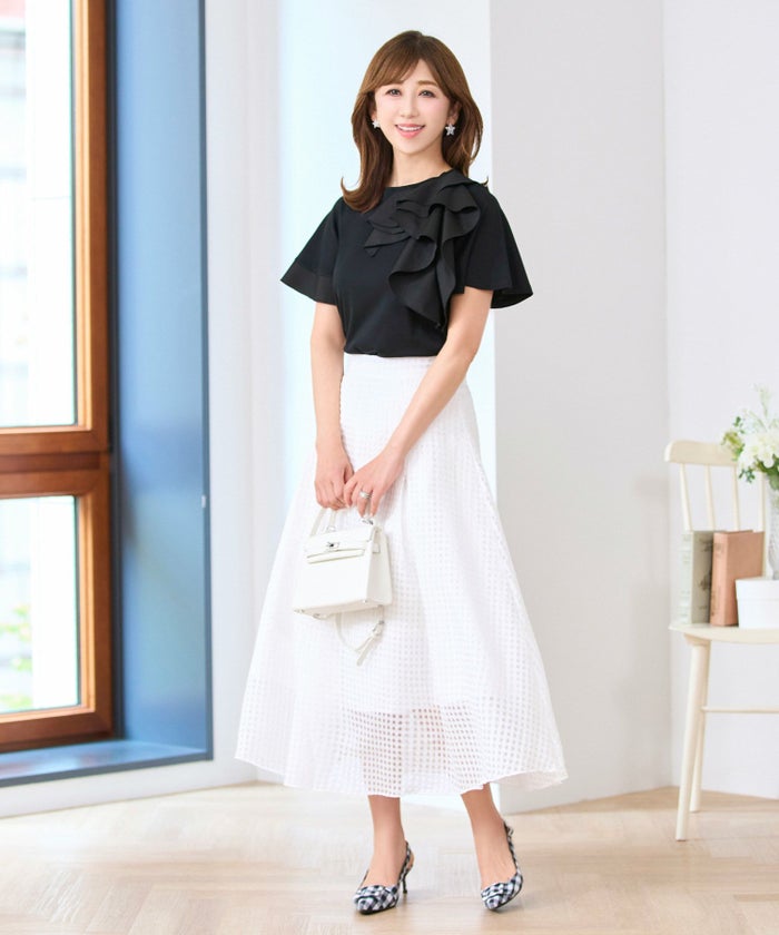 日本製カットソー半袖トップスレディースかわいい上品きれいめ大人白黒オフィス夏ジョイントスペース