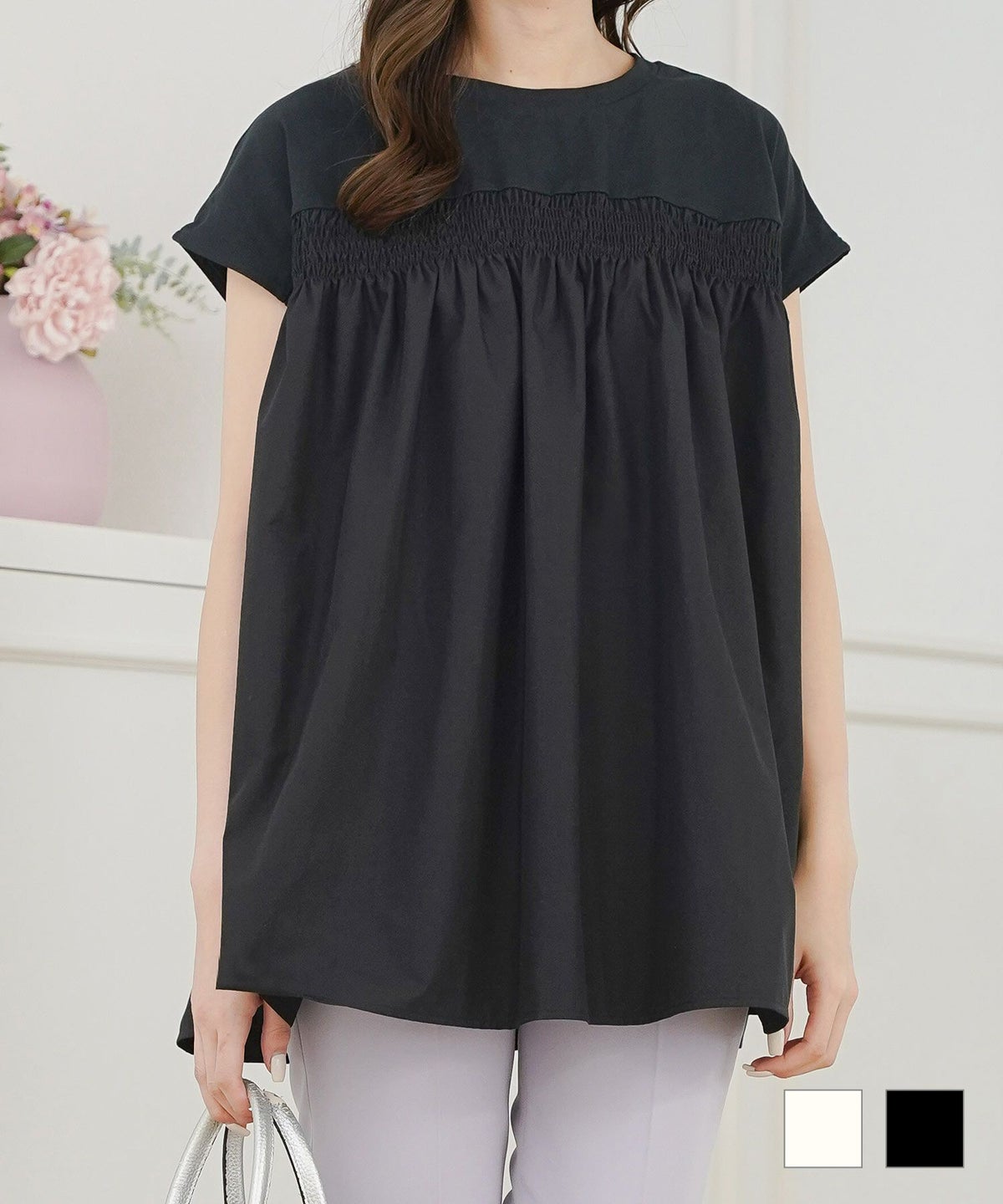 セレクト トップス レディース きれいめ オフィス 夏 大きめ 長め丈 チュニック 袖あり 白黒 かわいい 大人 ジョイントスペース セレクト シャーリング 異素材切り替え カットソーブラウス Prima Scherrer plus