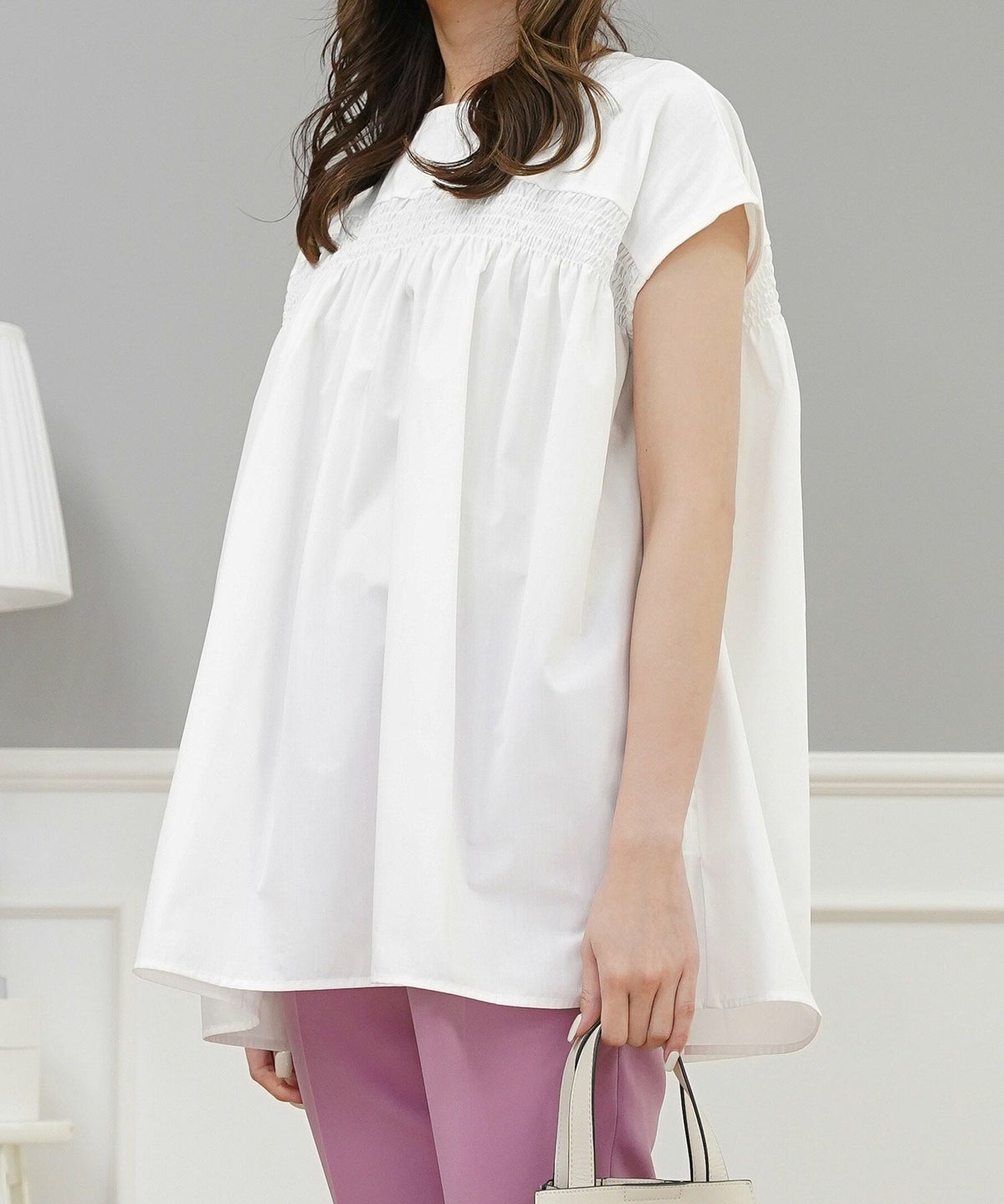 セレクトトップスレディースきれいめオフィス夏大きめ長め丈チュニック袖あり白黒かわいい大人ジョイントスペース