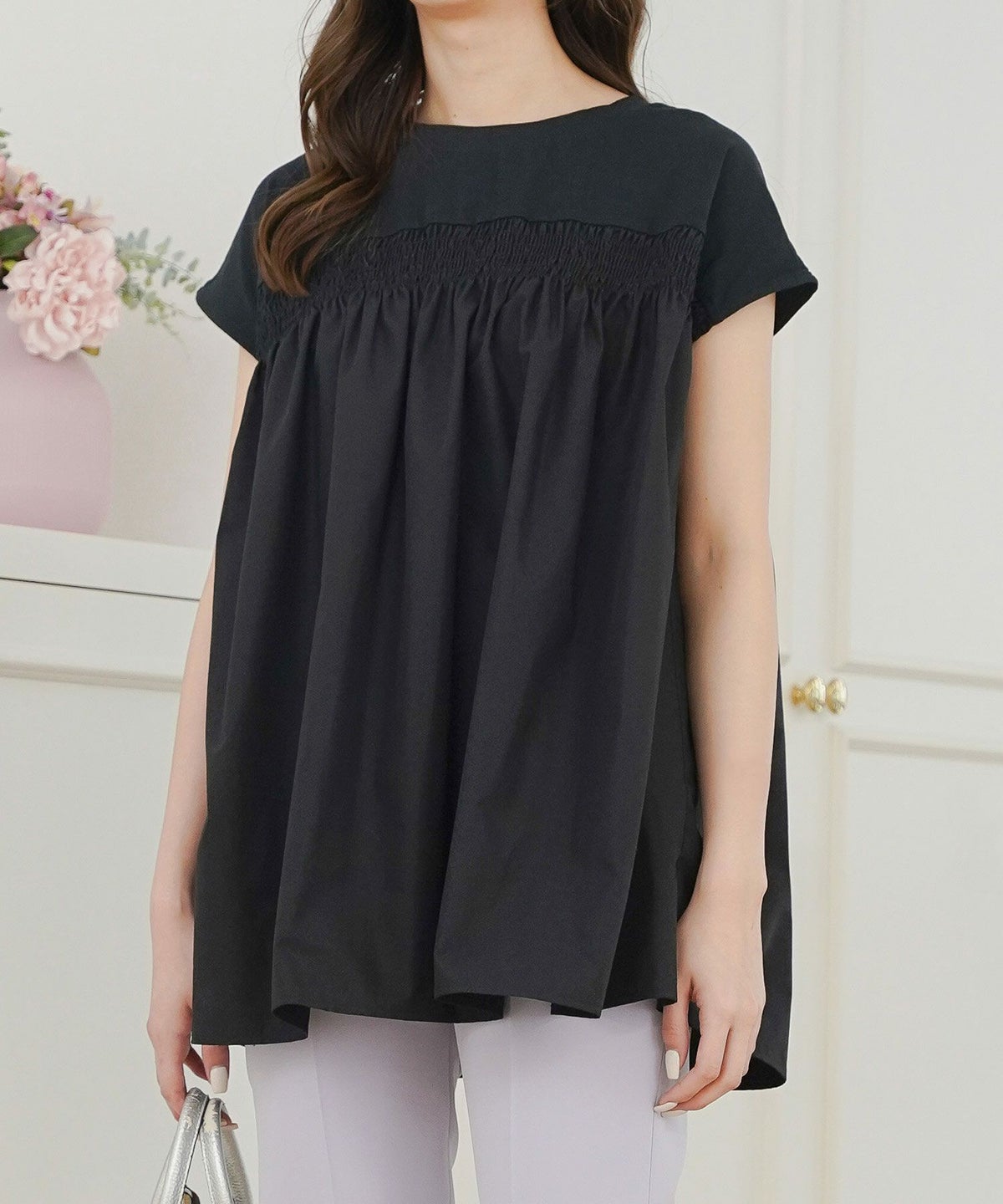 セレクトトップスレディースきれいめオフィス夏大きめ長め丈チュニック袖あり白黒かわいい大人ジョイントスペース