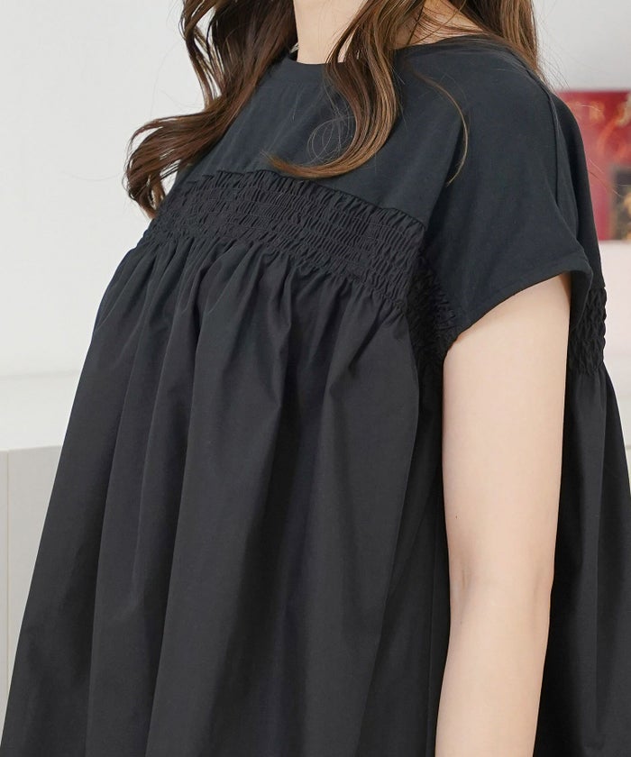 セレクトトップスレディースきれいめオフィス夏大きめ長め丈チュニック袖あり白黒かわいい大人ジョイントスペース