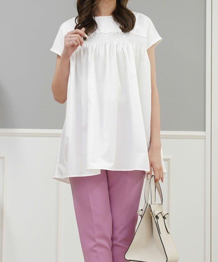 セレクトトップスレディースきれいめオフィス夏大きめ長め丈チュニック袖あり白黒かわいい大人ジョイントスペース