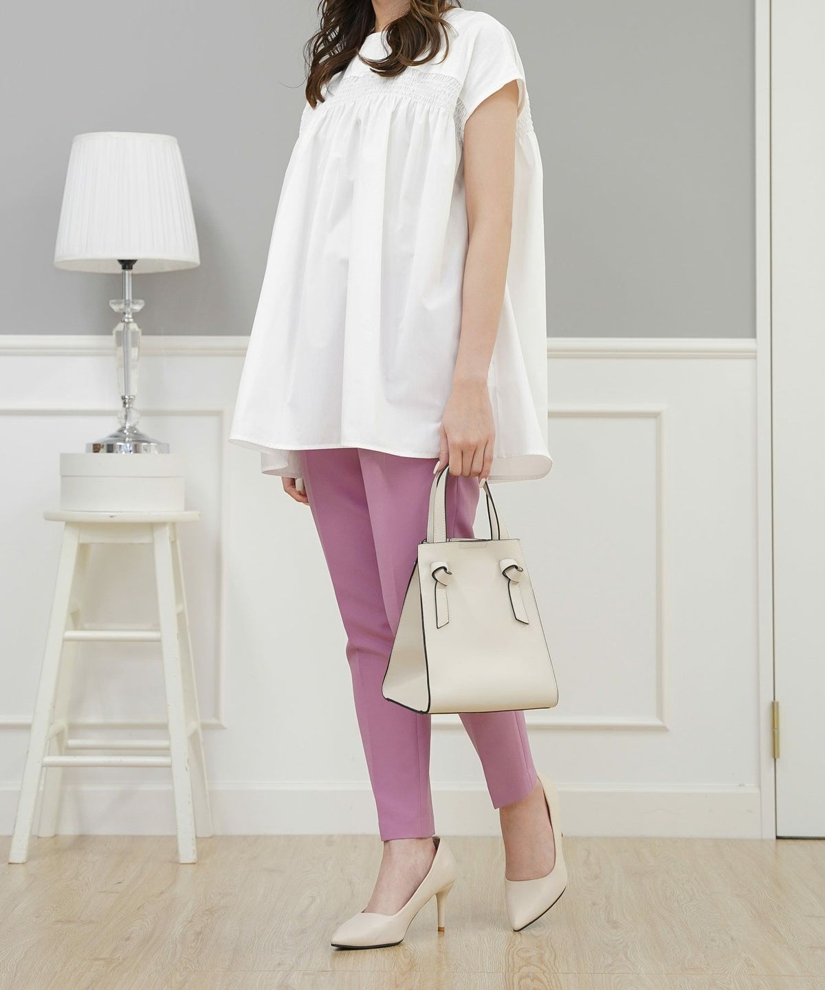 セレクトトップスレディースきれいめオフィス夏大きめ長め丈チュニック袖あり白黒かわいい大人ジョイントスペース