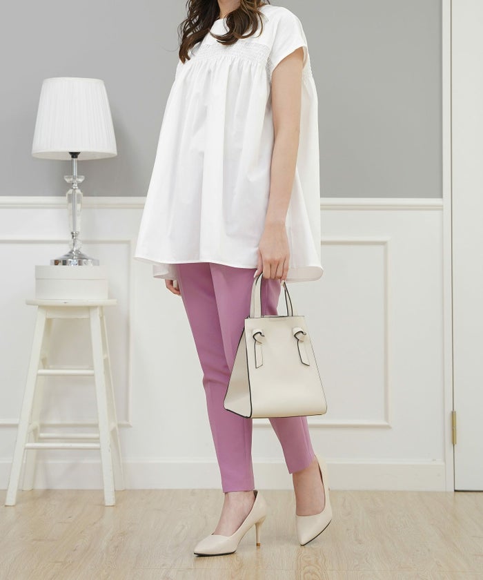 セレクトトップスレディースきれいめオフィス夏大きめ長め丈チュニック袖あり白黒かわいい大人ジョイントスペース