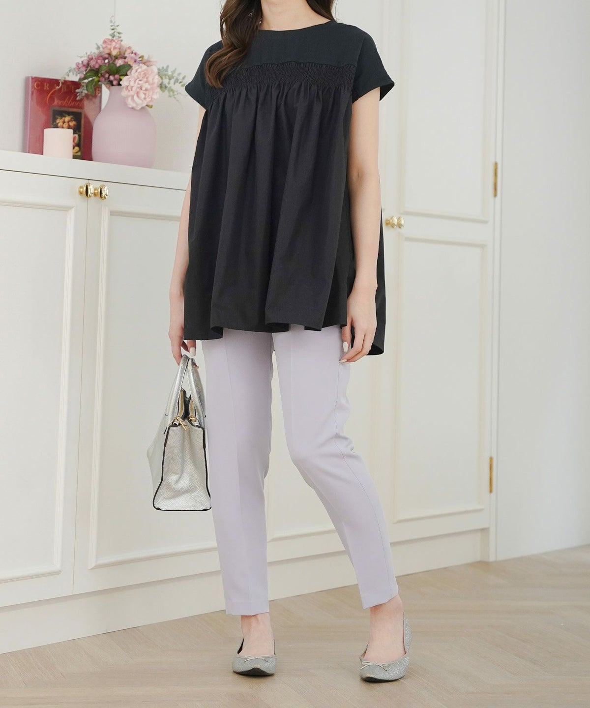 セレクトトップスレディースきれいめオフィス夏大きめ長め丈チュニック袖あり白黒かわいい大人ジョイントスペース