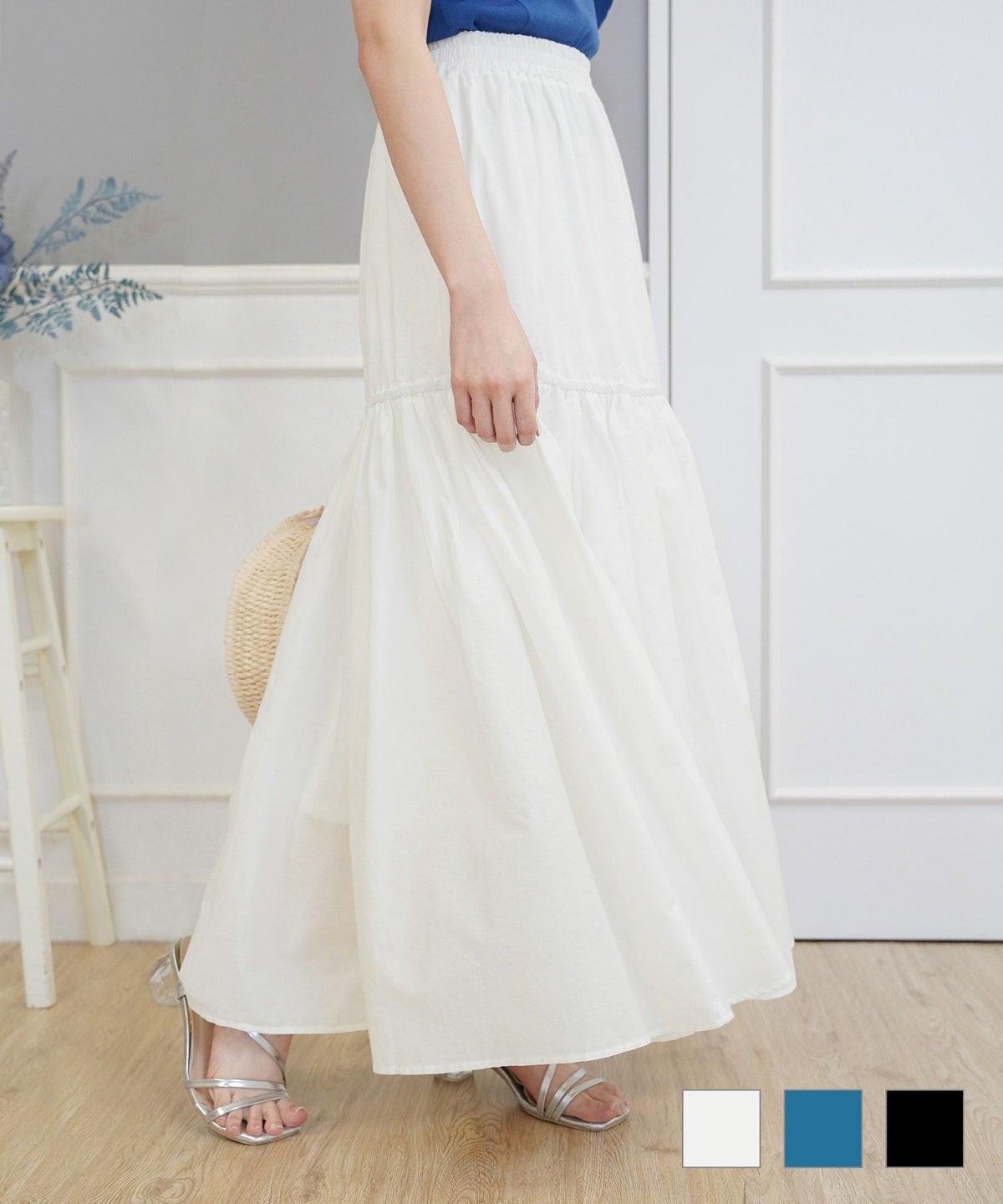 セレクト ボトムス スカート ロング ギャザー ドレープ フレア 春夏秋 白 青 レディース オフィス かわいい ジョイントスペース セレクト コットン ティアード スカート Prima Scherrer plus