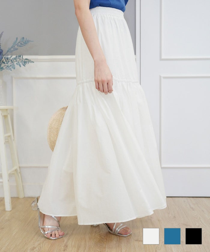 セレクト ボトムス スカート ロング ギャザー ドレープ フレア 春夏秋 白 青 レディース オフィス かわいい ジョイントスペース セレクト コットン ティアード スカート Prima Scherrer plus