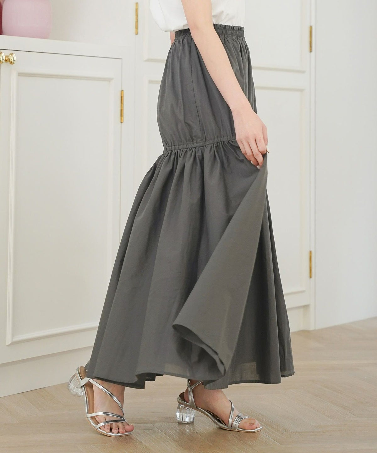 セレクトボトムススカートロングギャザードレープフレア春夏秋白青レディースオフィスかわいいジョイントスペース