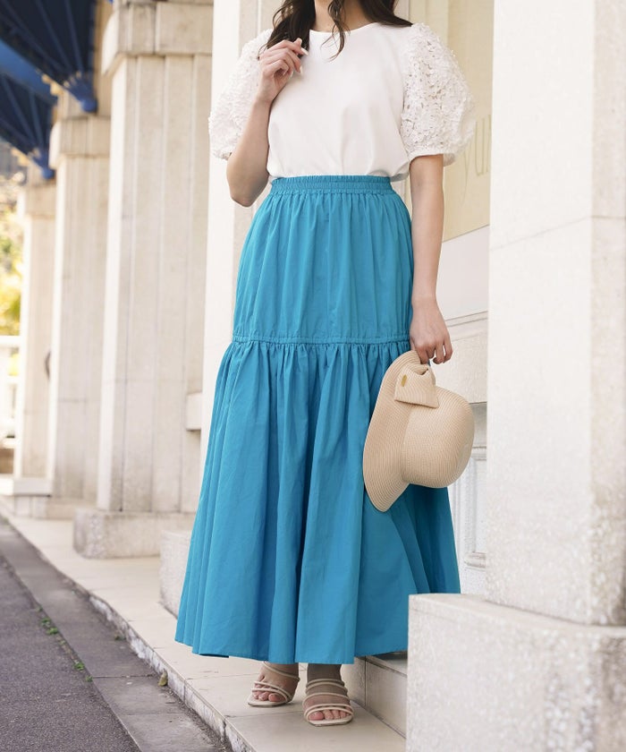 セレクトボトムススカートロングギャザードレープフレア春夏秋白青レディースオフィスかわいいジョイントスペース
