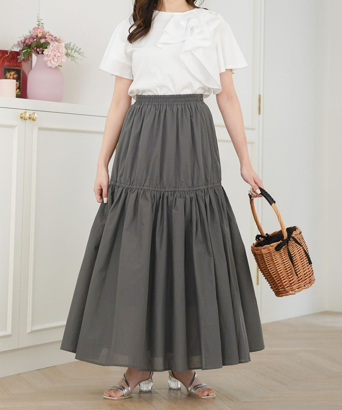 セレクトボトムススカートロングギャザードレープフレア春夏秋白青レディースオフィスかわいいジョイントスペース