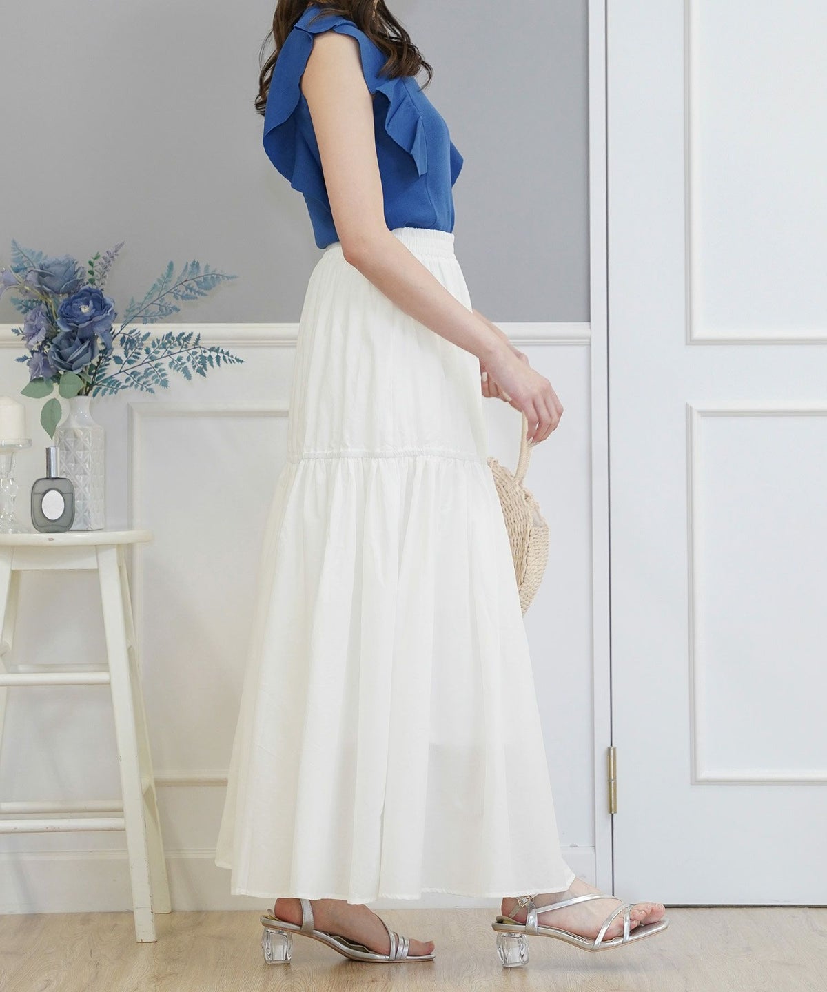 セレクトボトムススカートロングギャザードレープフレア春夏秋白青レディースオフィスかわいいジョイントスペース