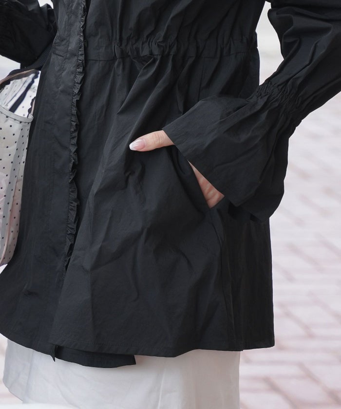 レディース/パーカー/羽織/ラッシュガード/UV/日除け/日焼け/プール/海/夏/UVカット/シャカシャカ/刺繍/フレア/ベルスリーブ/長袖/ペプラム/ミディアム/フリル/畳める/丸める/コンパクト/収納/アイボリー/ピンク/ブラック/95%/エレガント/フェミニン/上品/カジュアル/旅行/