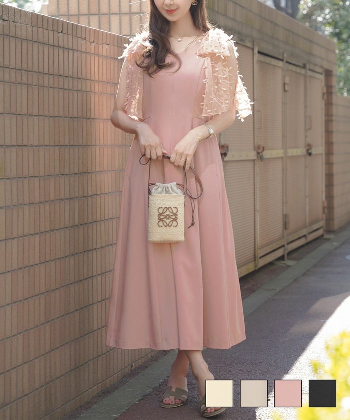 肩リボン リボン柄 フロントファスナー 前あき フレア 二の腕 ビックリボン 表面変化 Vネック 上品 エレガント フェミニン 可愛い アイボリー グレージュ ピンク ブラック 配色 バイカラー 異素材 肩リボン ノースリーブ ファスナー ワンピース le reve vaniller