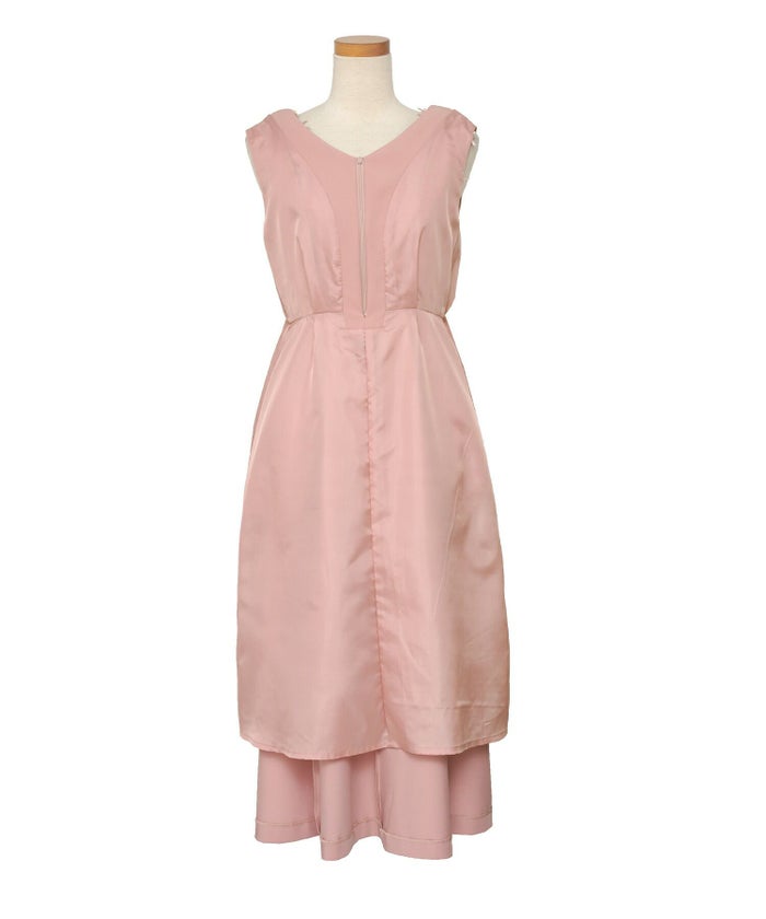 レディース/ワンピース/ノースリーブ/肩リボン/リボン柄/フロントファスナー/前あき/フレア/二の腕/ビックリボン/表面変化/Vネック/上品/エレガント/フェミニン/可愛い/アイボリー/グレージュ/ピンク/ブラック/配色/バイカラー/異素材