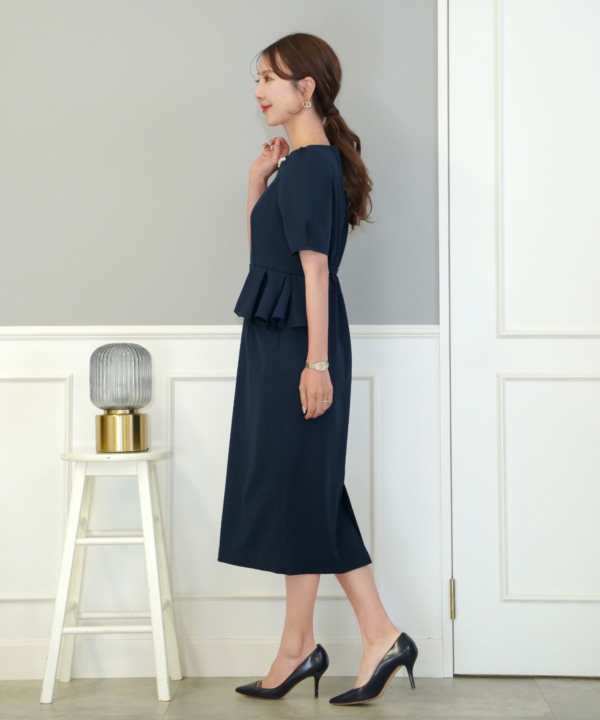 レディース/ワンピース/タイト/ペプラム/フロントファスナー/ハートネック/半袖/タック/スリット/シルエット/入卒園/授業参観/お宮参り/オケージョン/キレイ/綺麗/夏/春/体型カバー/ペプラム/ウエストゴム/上品/エレガント/フェミニン/20代/30代/40代/ママ/母/