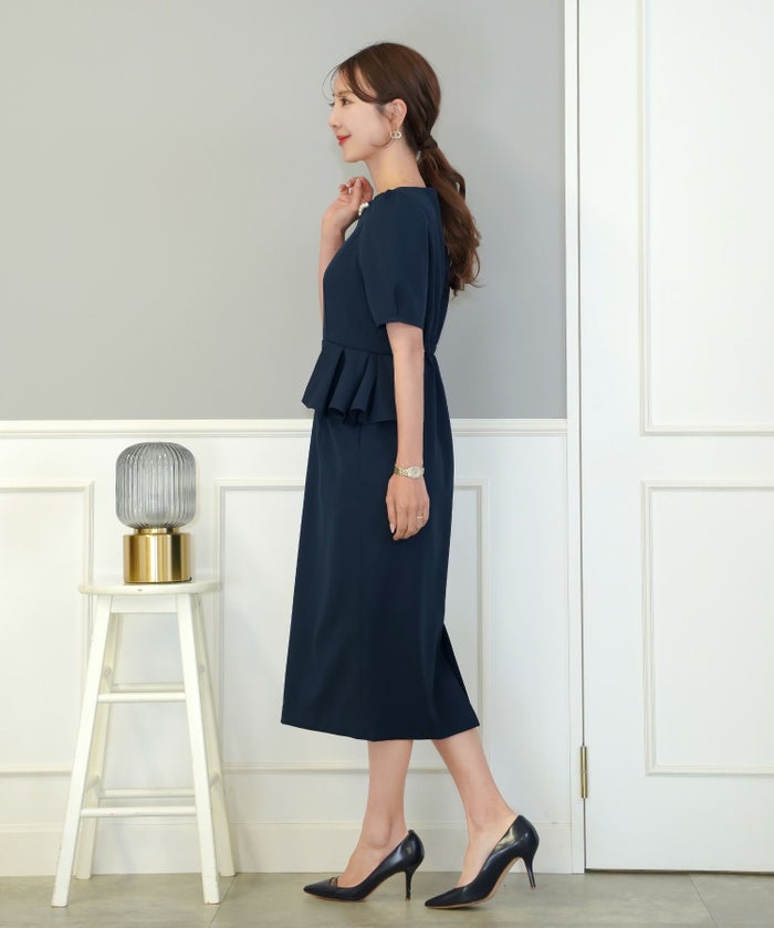 レディース/ワンピース/タイト/ペプラム/フロントファスナー/ハートネック/半袖/タック/スリット/シルエット/入卒園/授業参観/お宮参り/オケージョン/キレイ/綺麗/夏/春/体型カバー/ペプラム/ウエストゴム/上品/エレガント/フェミニン/20代/30代/40代/ママ/母/