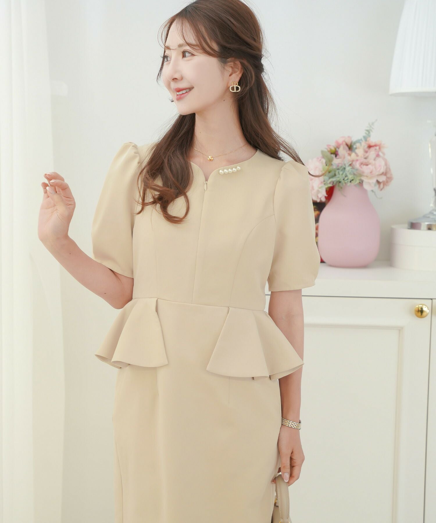 フロントファスナー ペプラム タイトワンピース le reve vaniller