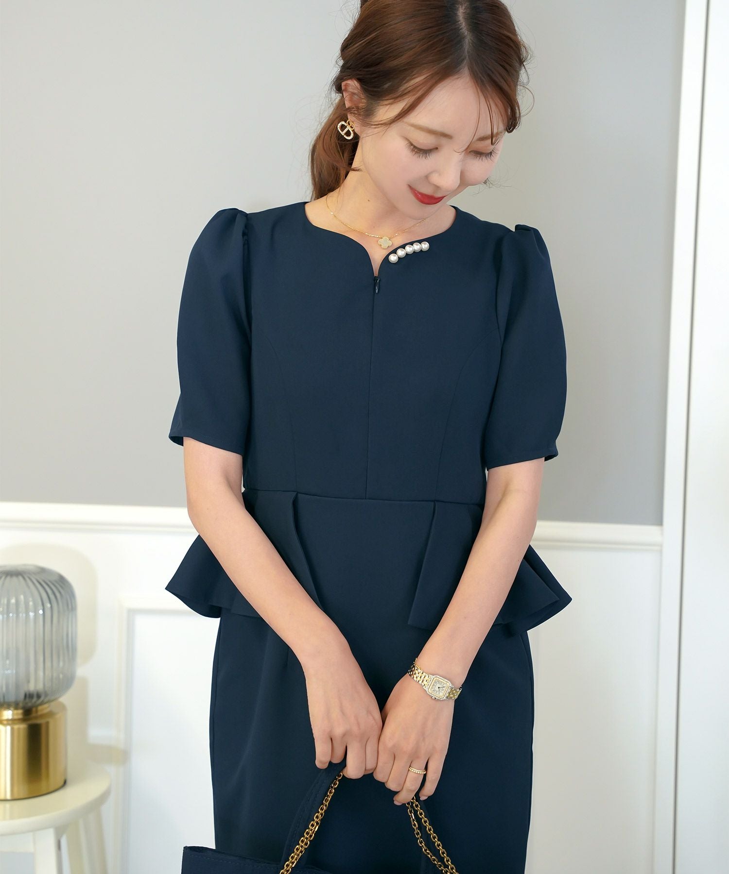 フロントファスナー ペプラム タイトワンピース le reve vaniller