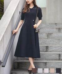 ニット 襟 パール パールトリム リブ編み ロング ミモレ フレアシルエット タック 前あき ブルーグレー ラベンダー ピンクベージュ ネイビー 上品 エレガント フェミニン 大人 ヒット リニューアル 半袖 半袖 パールトリム 襟付き ニットワンピース le reve vaniller