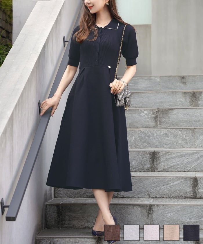 ニット 襟 パール パールトリム リブ編み ロング ミモレ フレアシルエット タック 前あき ブルーグレー ラベンダー ピンクベージュ ネイビー 上品 エレガント フェミニン 大人 ヒット リニューアル 半袖 半袖 パールトリム 襟付き ニットワンピース le reve vaniller