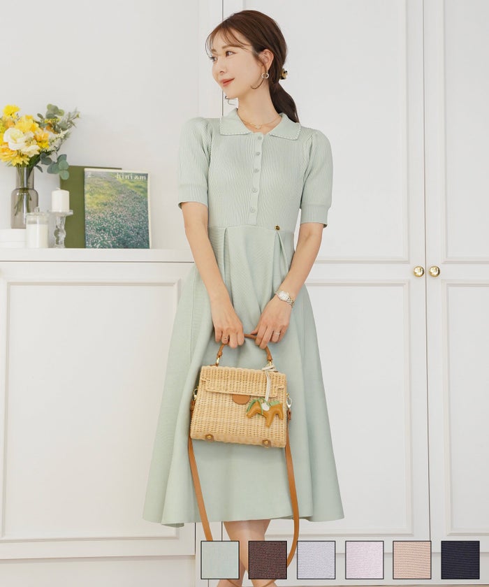 半袖 パールトリム 襟付き ニットワンピース le reve vaniller