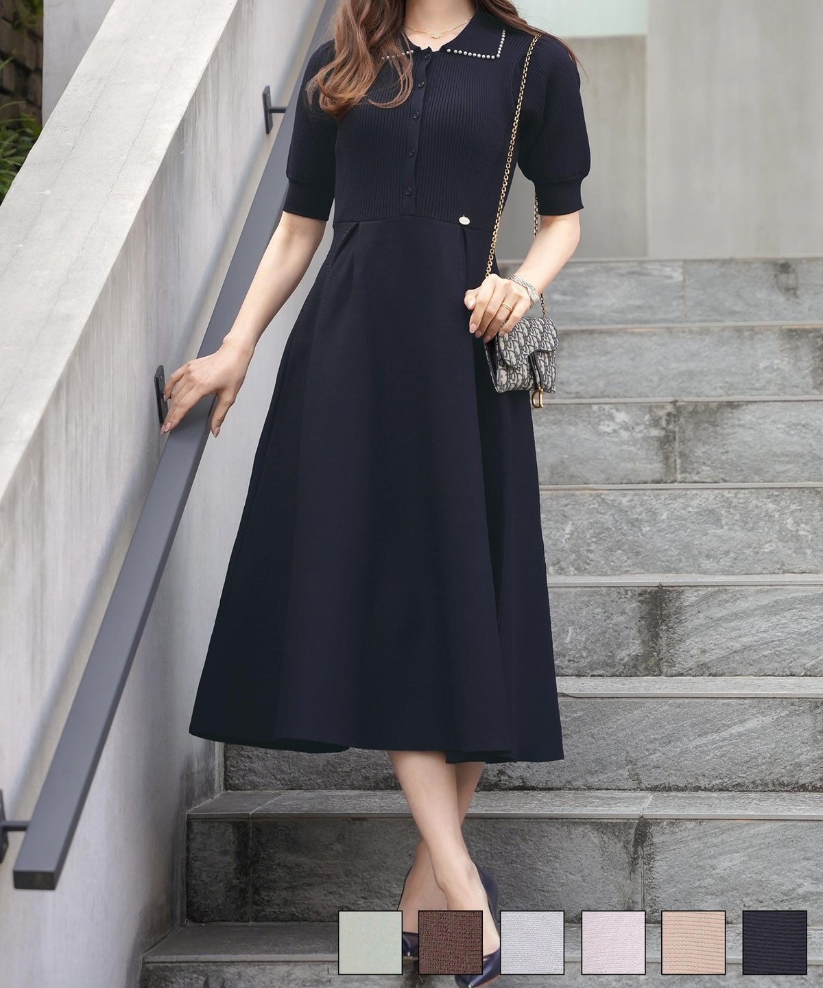 半袖 パールトリム 襟付き ニットワンピース le reve vaniller