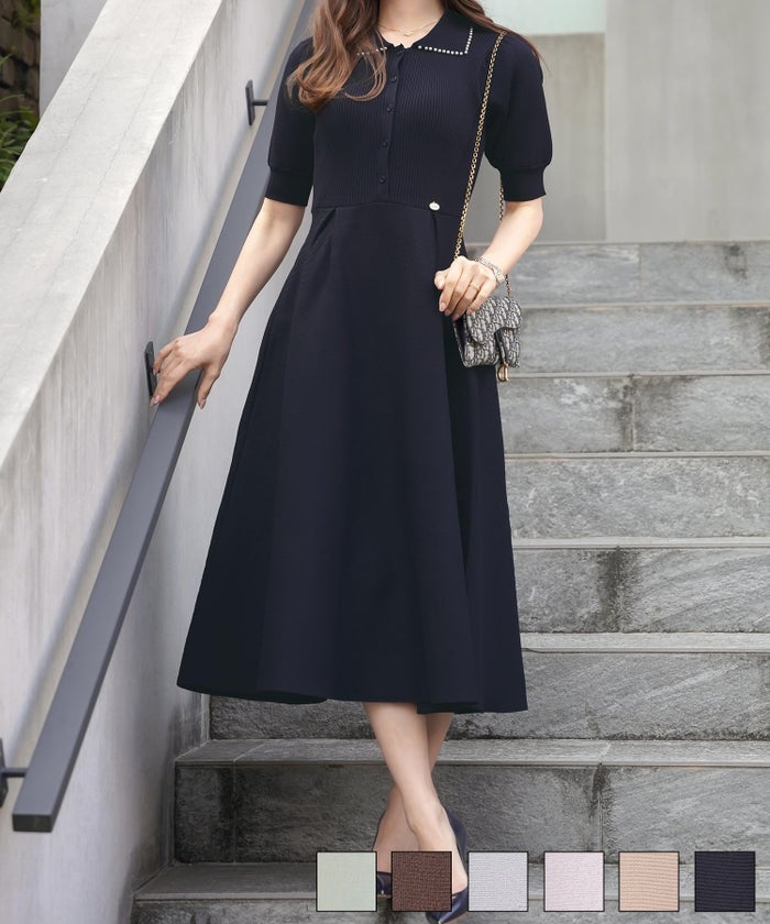 半袖 パールトリム 襟付き ニットワンピース le reve vaniller