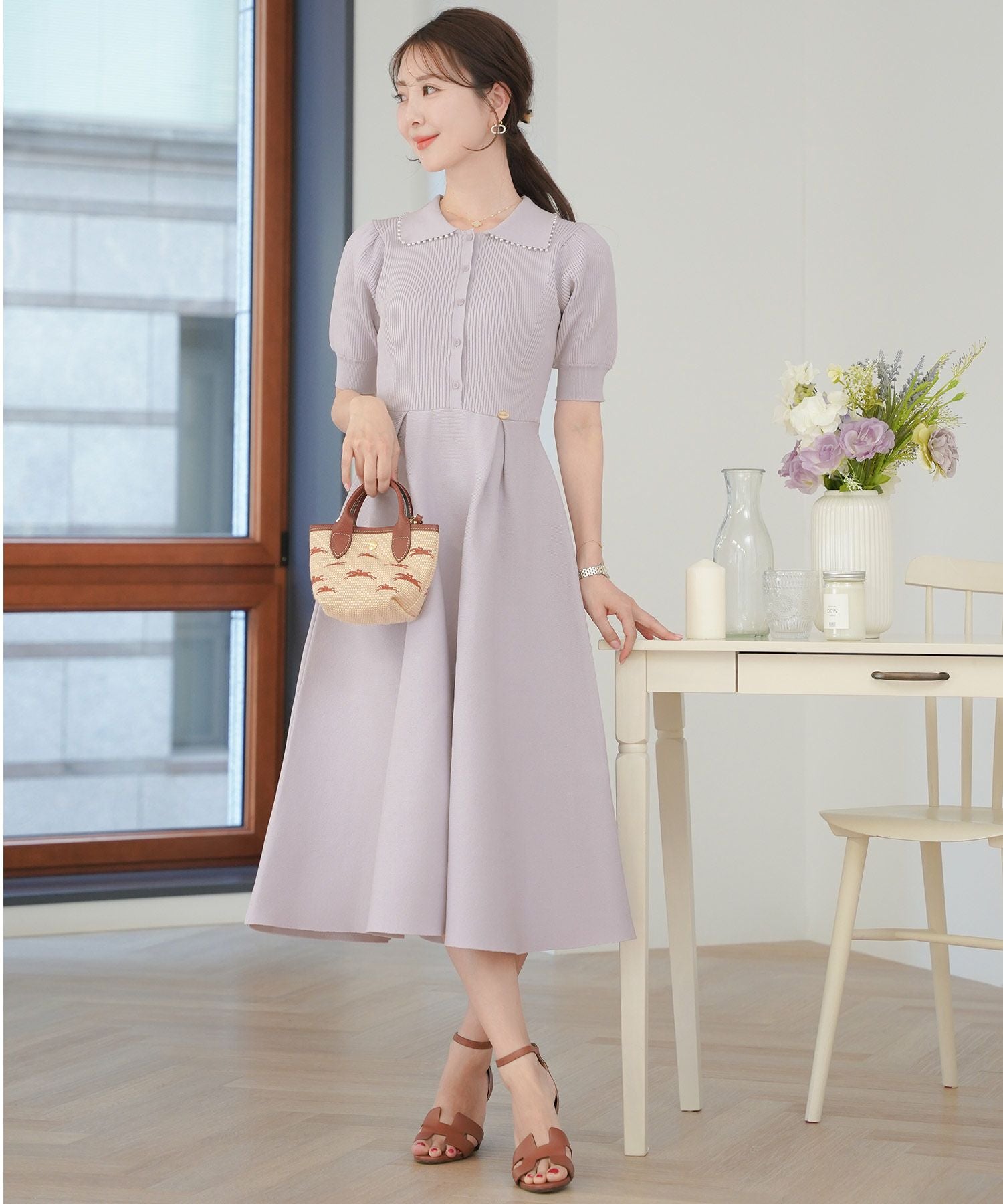 半袖 パールトリム 襟付き ニットワンピース le reve vaniller