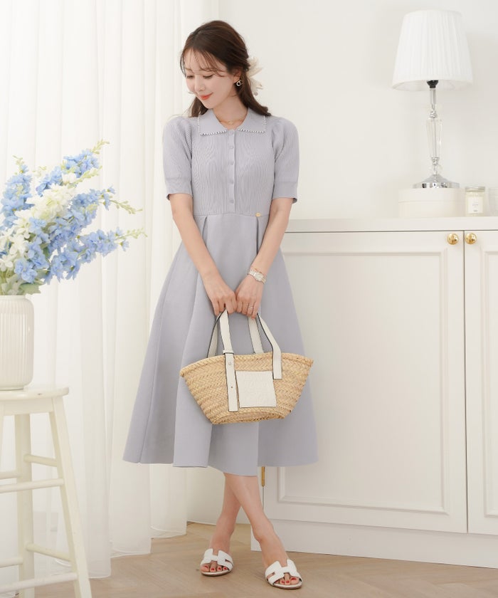 レディース ワンピース ニットワンピース ニット 襟 パール パールトリム リブ編み ロング ミモレ フレアシルエット タック 前あき ブルーグレー ラベンダー ピンクベージュ ネイビー 上品 エレガント フェミニン 大人 ヒット リニューアル 半袖 新色 ブラウン ミント 春 夏 SS