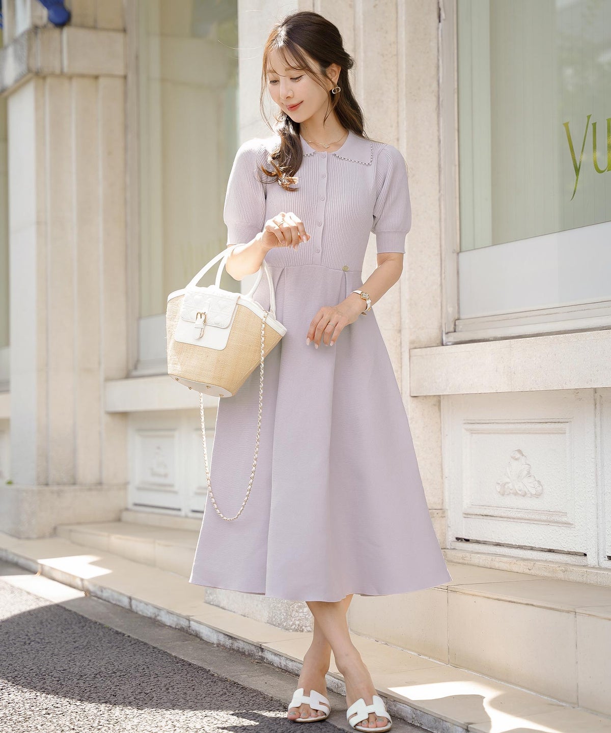 レディース ワンピース ニットワンピース ニット 襟 パール パールトリム リブ編み ロング ミモレ フレアシルエット タック 前あき ブルーグレー ラベンダー ピンクベージュ ネイビー 上品 エレガント フェミニン 大人 ヒット リニューアル 半袖 新色 ブラウン ミント 春 夏 SS