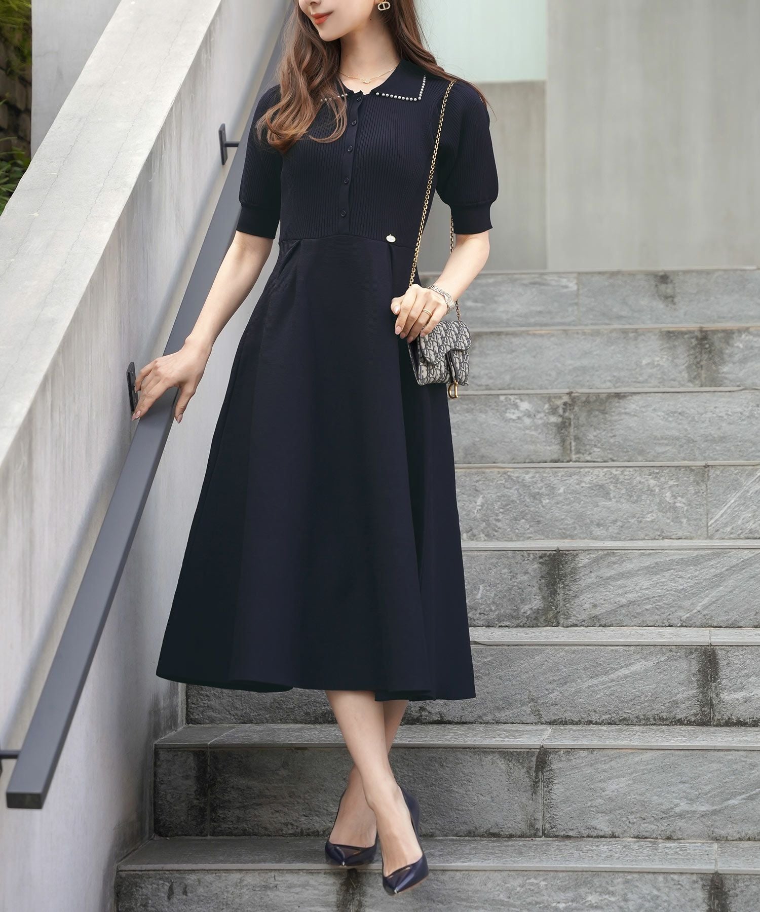 半袖 パールトリム 襟付き ニットワンピース le reve vaniller 全5色