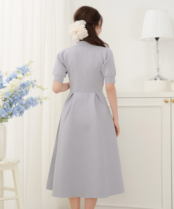 レディース ワンピース ニットワンピース ニット 襟 パール パールトリム リブ編み ロング ミモレ フレアシルエット タック 前あき ブルーグレー ラベンダー ピンクベージュ ネイビー 上品 エレガント フェミニン 大人 ヒット リニューアル 半袖 新色 ブラウン ミント 春 夏 SS