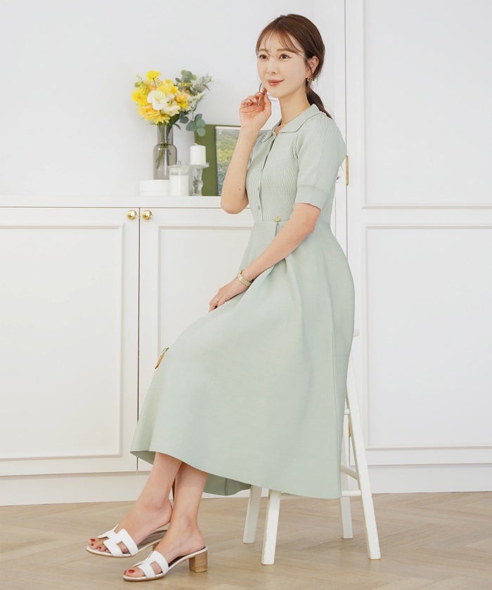 レディース ワンピース ニットワンピース ニット 襟 パール パールトリム リブ編み ロング ミモレ フレアシルエット タック 前あき ブルーグレー ラベンダー ピンクベージュ ネイビー 上品 エレガント フェミニン 大人 ヒット リニューアル 半袖 新色 ブラウン ミント 春 夏 SS