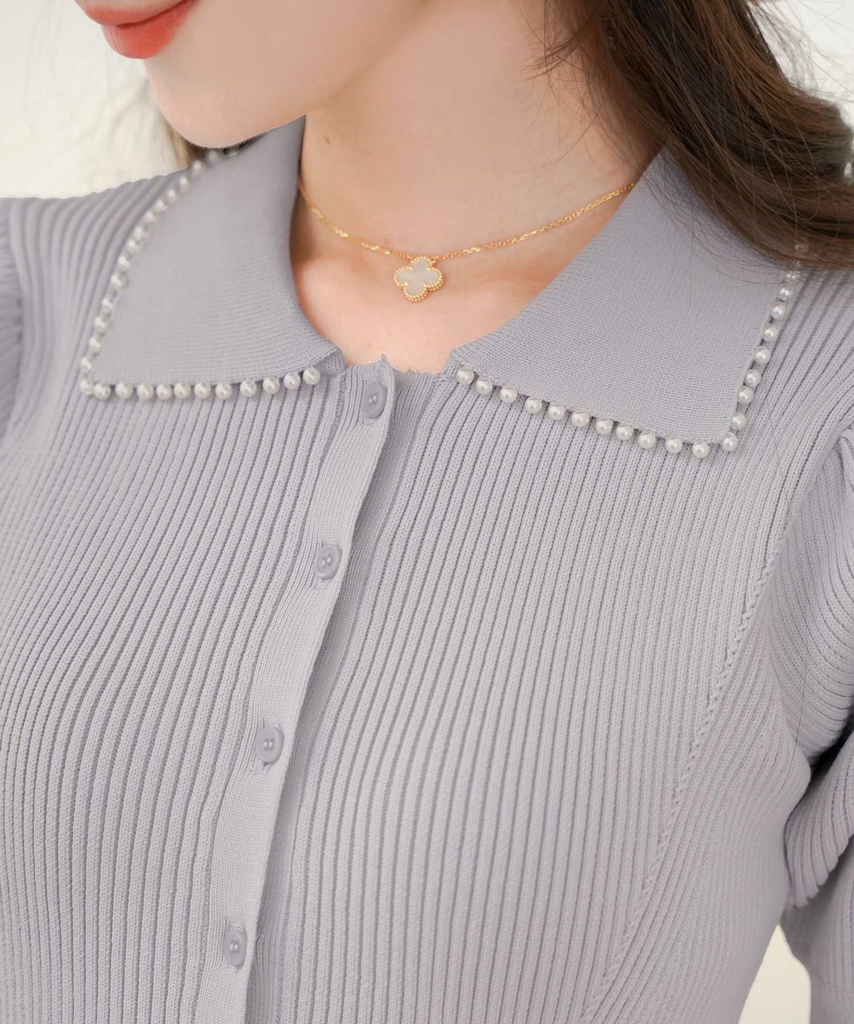 レディース/ワンピース/ニットワンピース/ニット/襟/パール/パールトリム/リブ編み/ロング/ミモレ/フレアシルエット/タック/前あき/ブルーグレー/ラベンダー/ピンクベージュ/ネイビー/上品/エレガント/フェミニン/大人/ヒット/リニューアル/半袖/新色/ブラウン