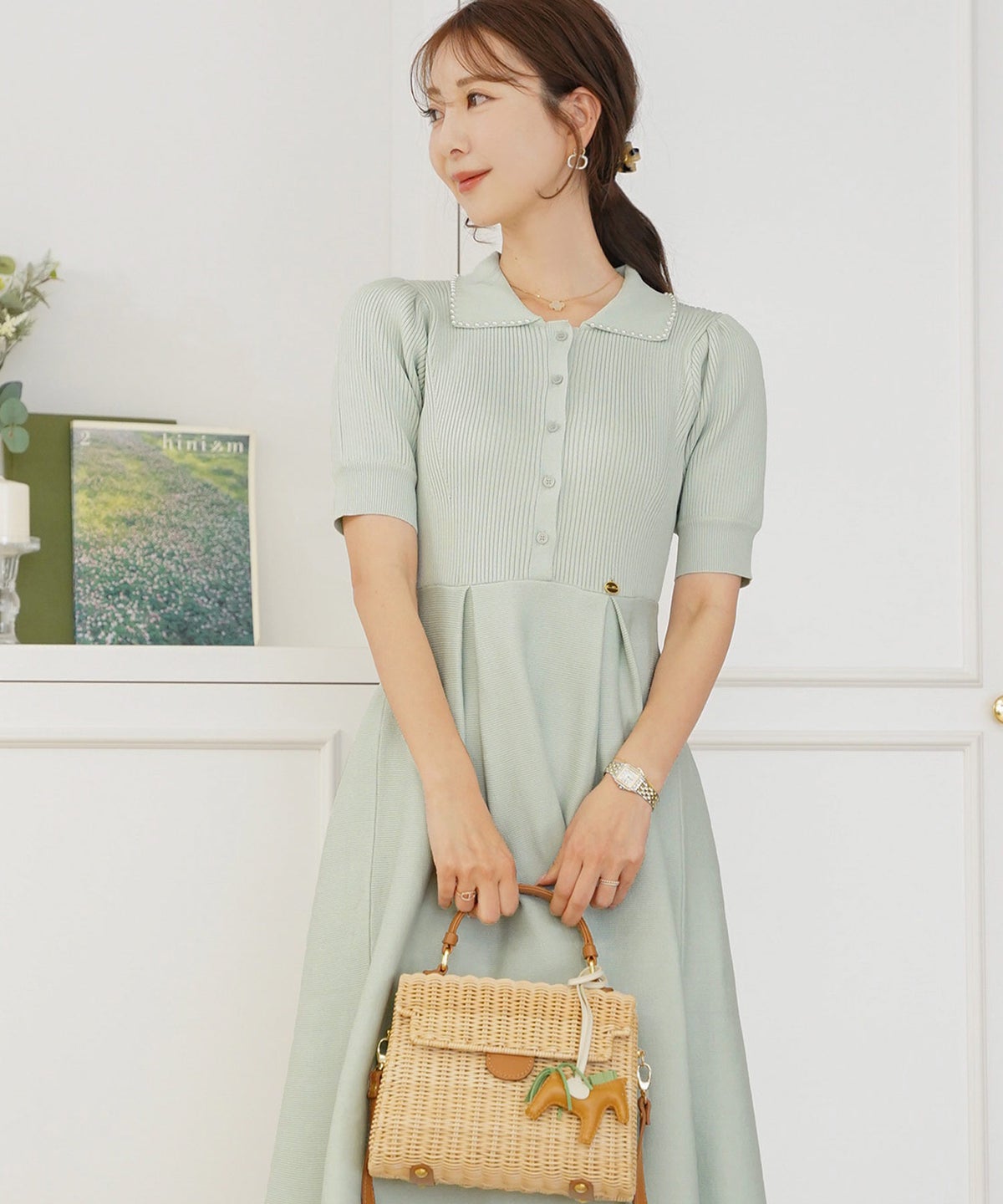 レディース ワンピース ニットワンピース ニット 襟 パール パールトリム リブ編み ロング ミモレ フレアシルエット タック 前あき ブルーグレー ラベンダー ピンクベージュ ネイビー 上品 エレガント フェミニン 大人 ヒット リニューアル 半袖 新色 ブラウン ミント 春 夏 SS