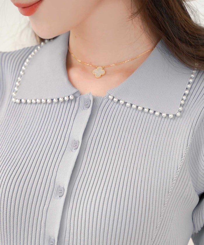 レディース ワンピース ニットワンピース ニット 襟 パール パールトリム リブ編み ロング ミモレ フレアシルエット タック 前あき ブルーグレー ラベンダー ピンクベージュ ネイビー 上品 エレガント フェミニン 大人 ヒット リニューアル 半袖 新色 ブラウン ミント 春 夏 SS