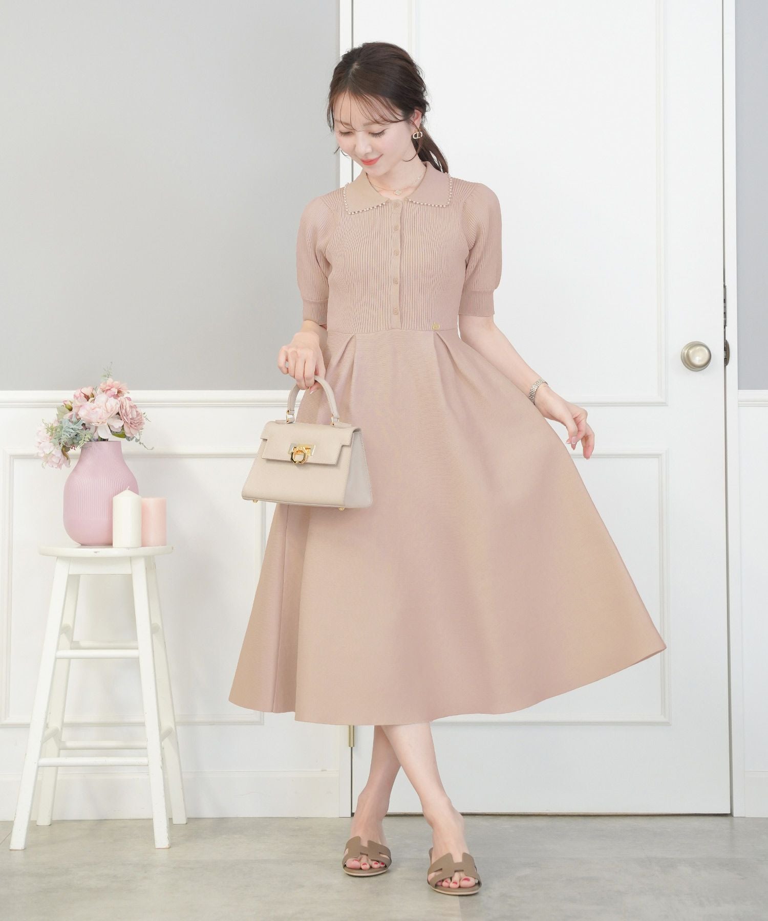 半袖 パールトリム 襟付き ニットワンピース le reve vaniller 全5色