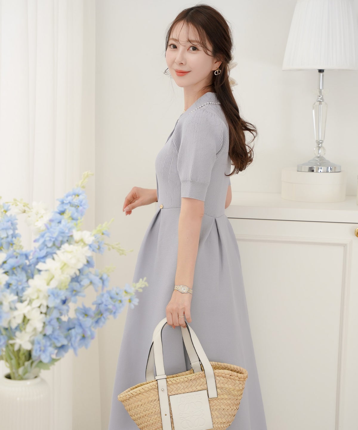 レディース ワンピース ニットワンピース ニット 襟 パール パールトリム リブ編み ロング ミモレ フレアシルエット タック 前あき ブルーグレー ラベンダー ピンクベージュ ネイビー 上品 エレガント フェミニン 大人 ヒット リニューアル 半袖 新色 ブラウン ミント 春 夏 SS