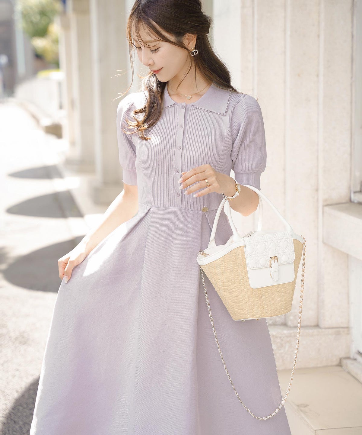 レディース ワンピース ニットワンピース ニット 襟 パール パールトリム リブ編み ロング ミモレ フレアシルエット タック 前あき ブルーグレー ラベンダー ピンクベージュ ネイビー 上品 エレガント フェミニン 大人 ヒット リニューアル 半袖 新色 ブラウン ミント 春 夏 SS