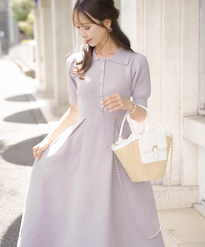 レディース ワンピース ニットワンピース ニット 襟 パール パールトリム リブ編み ロング ミモレ フレアシルエット タック 前あき ブルーグレー ラベンダー ピンクベージュ ネイビー 上品 エレガント フェミニン 大人 ヒット リニューアル 半袖 新色 ブラウン ミント 春 夏 SS