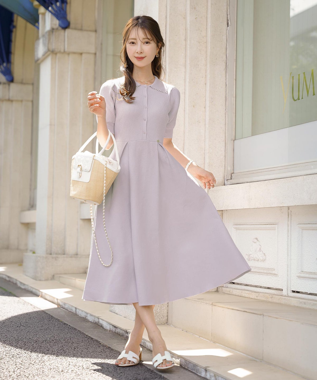 レディース ワンピース ニットワンピース ニット 襟 パール パールトリム リブ編み ロング ミモレ フレアシルエット タック 前あき ブルーグレー ラベンダー ピンクベージュ ネイビー 上品 エレガント フェミニン 大人 ヒット リニューアル 半袖 新色 ブラウン ミント 春 夏 SS