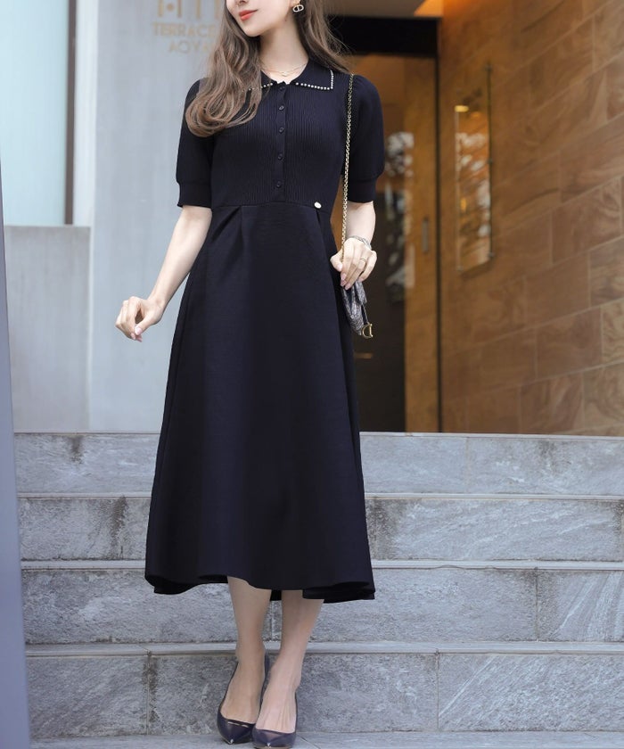 半袖 パールトリム 襟付き ニットワンピース le reve vaniller