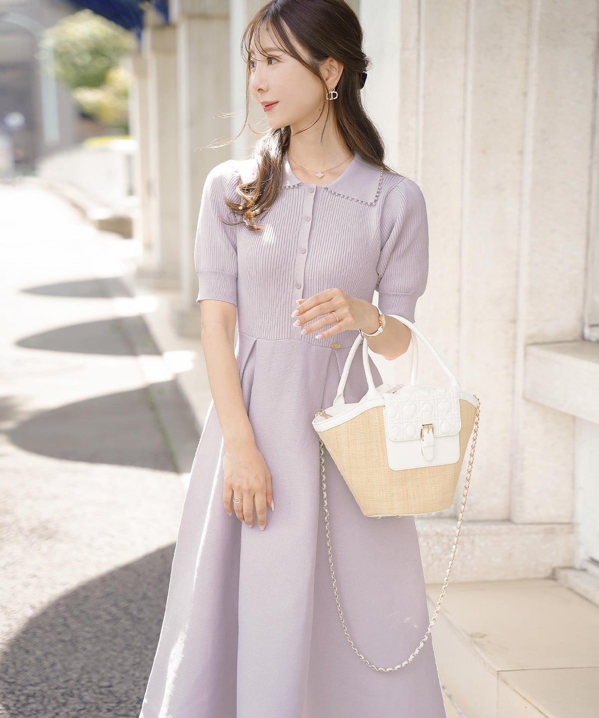 レディース ワンピース ニットワンピース ニット 襟 パール パールトリム リブ編み ロング ミモレ フレアシルエット タック 前あき ブルーグレー ラベンダー ピンクベージュ ネイビー 上品 エレガント フェミニン 大人 ヒット リニューアル 半袖 新色 ブラウン ミント 春 夏 SS