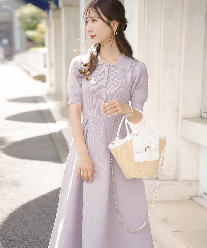 レディース ワンピース ニットワンピース ニット 襟 パール パールトリム リブ編み ロング ミモレ フレアシルエット タック 前あき ブルーグレー ラベンダー ピンクベージュ ネイビー 上品 エレガント フェミニン 大人 ヒット リニューアル 半袖 新色 ブラウン ミント 春 夏 SS
