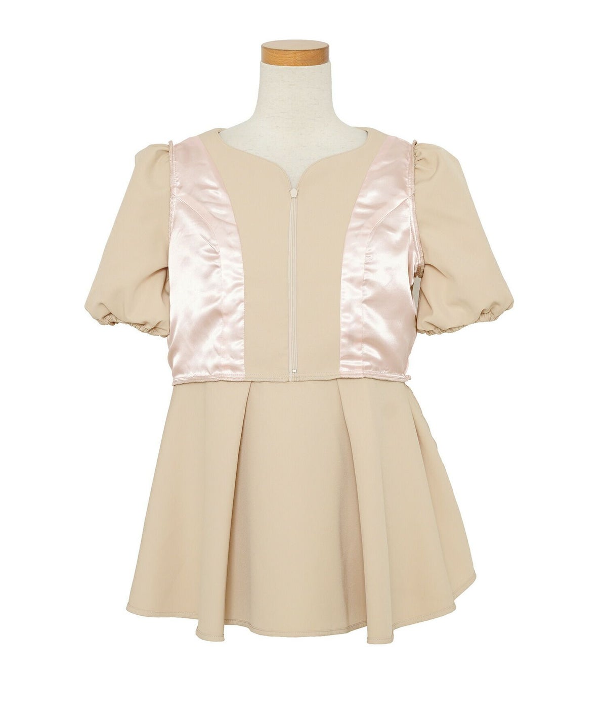 レディース/トップス/ブラウス/フロントファスナー/ハートネック/半袖/袖ゴム/ペプラムシルエット/パネルライン/体型カバー/袖口ゴム/授乳/ママ/フレアシルエット/イエロー/バターイエロー/ピンクベージュ/ブラック/上品/エレガント/フェミニン/シンプル/